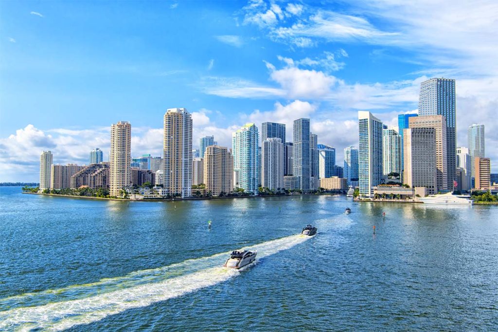 Boats traveling towards downtown Miami